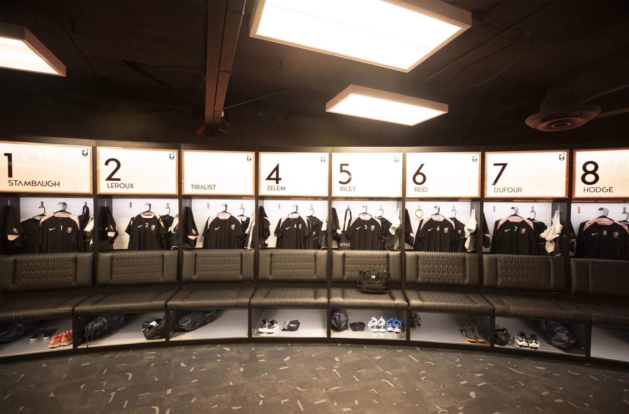 A look at the locker room inside Angel City FC's training facility.