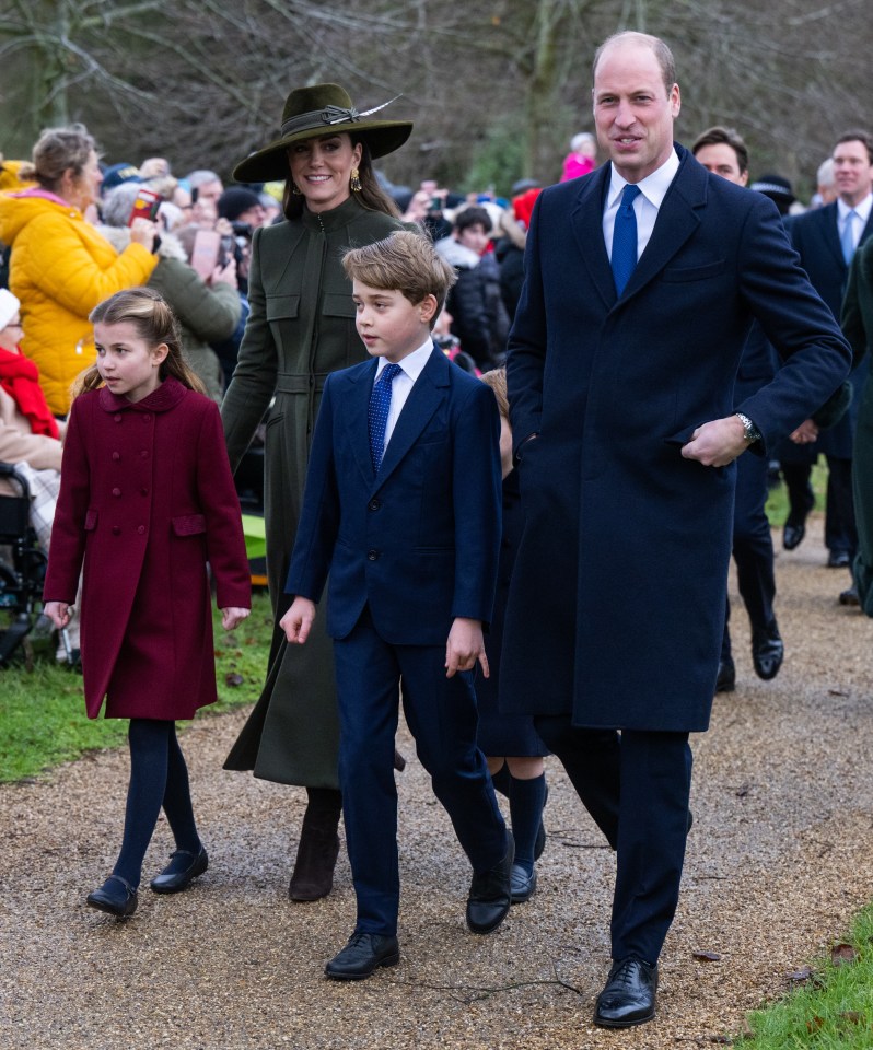 Prince William, Princess Catherine, Prince George, and Princess Charlotte walking.