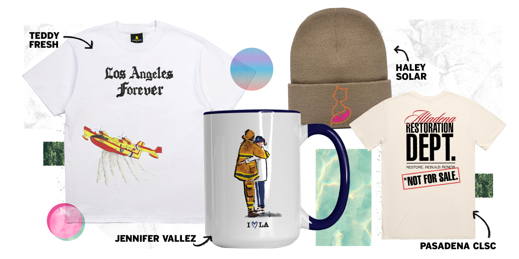 A shirt with "Los Angeles Forever" and a yellow super scooper plane; a coffee mug; a brown hat; an Altadena shirt