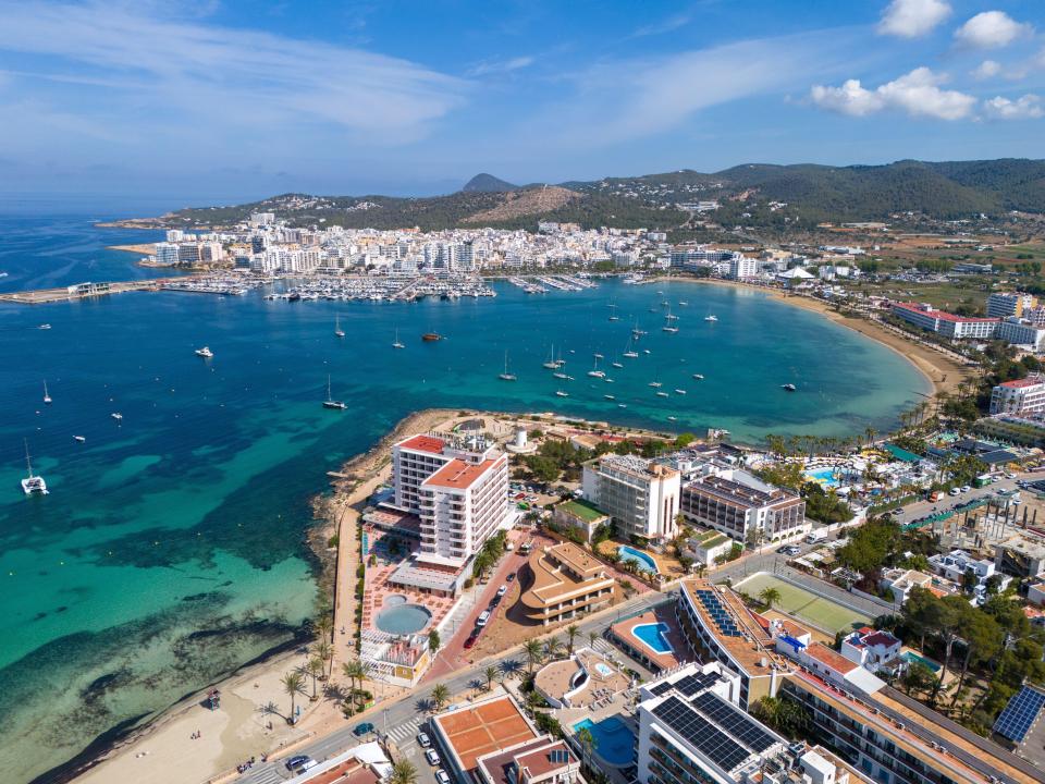 Aerial view of San Antonio Bay, Ibiza, Spain.