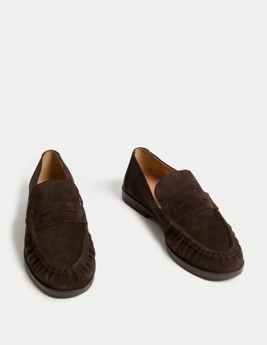 Pair of brown suede loafers.