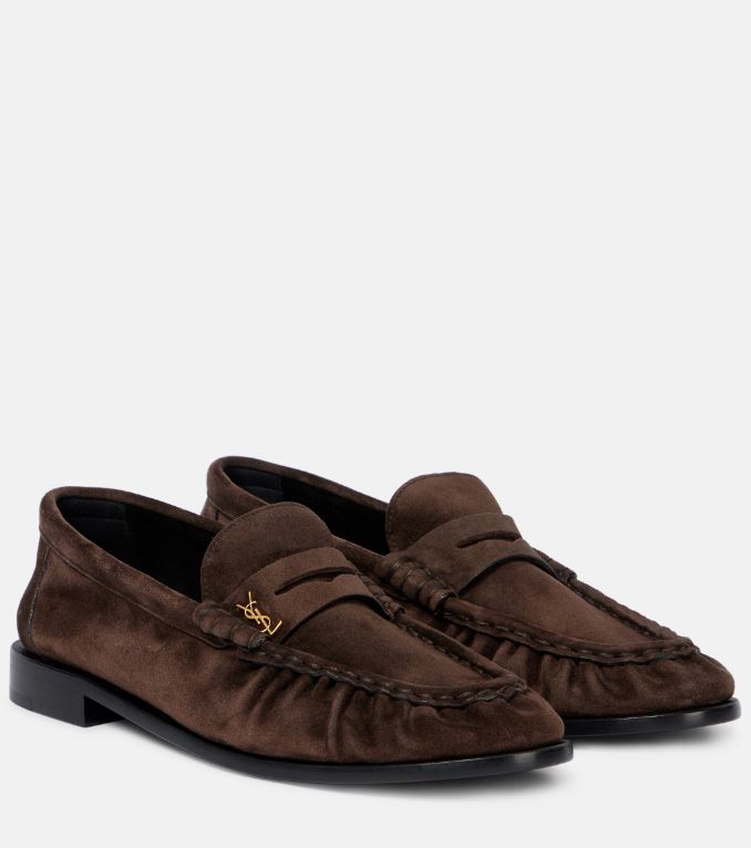 Brown suede loafers.