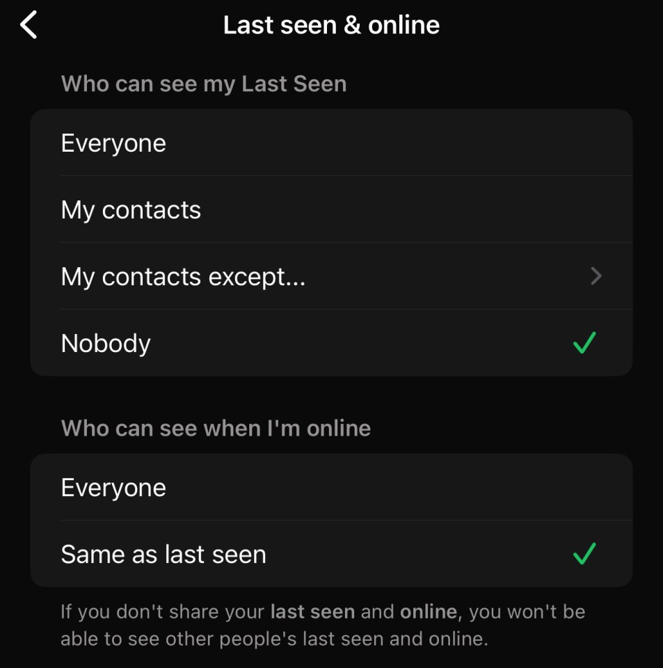 WhatsApp privacy settings: who can see last seen and online status.