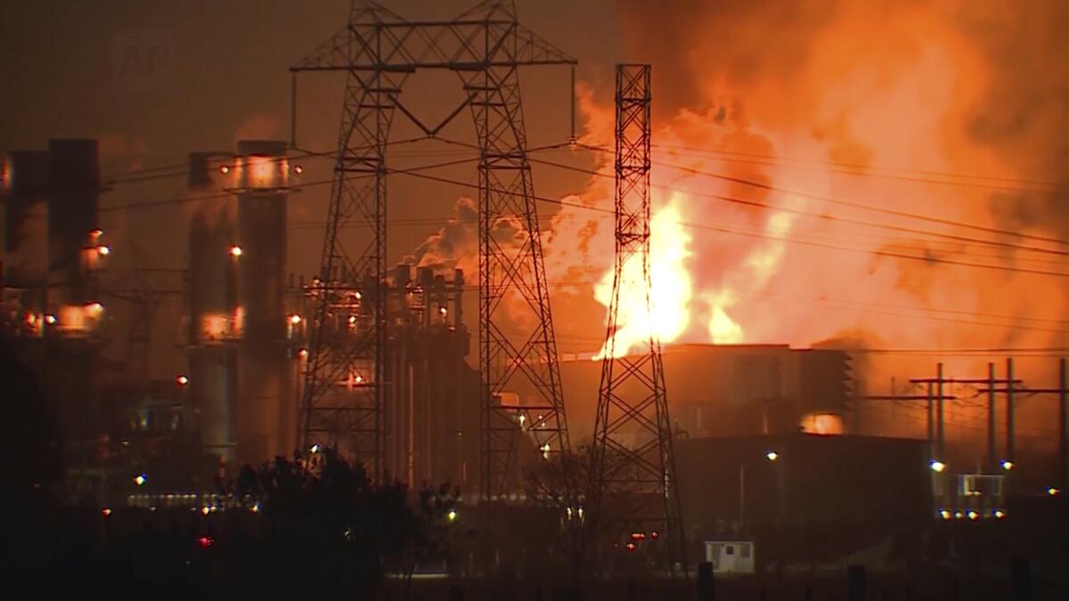 This image from a video shows flames rising after a major fire erupted at the Moss Landing Power Plant.