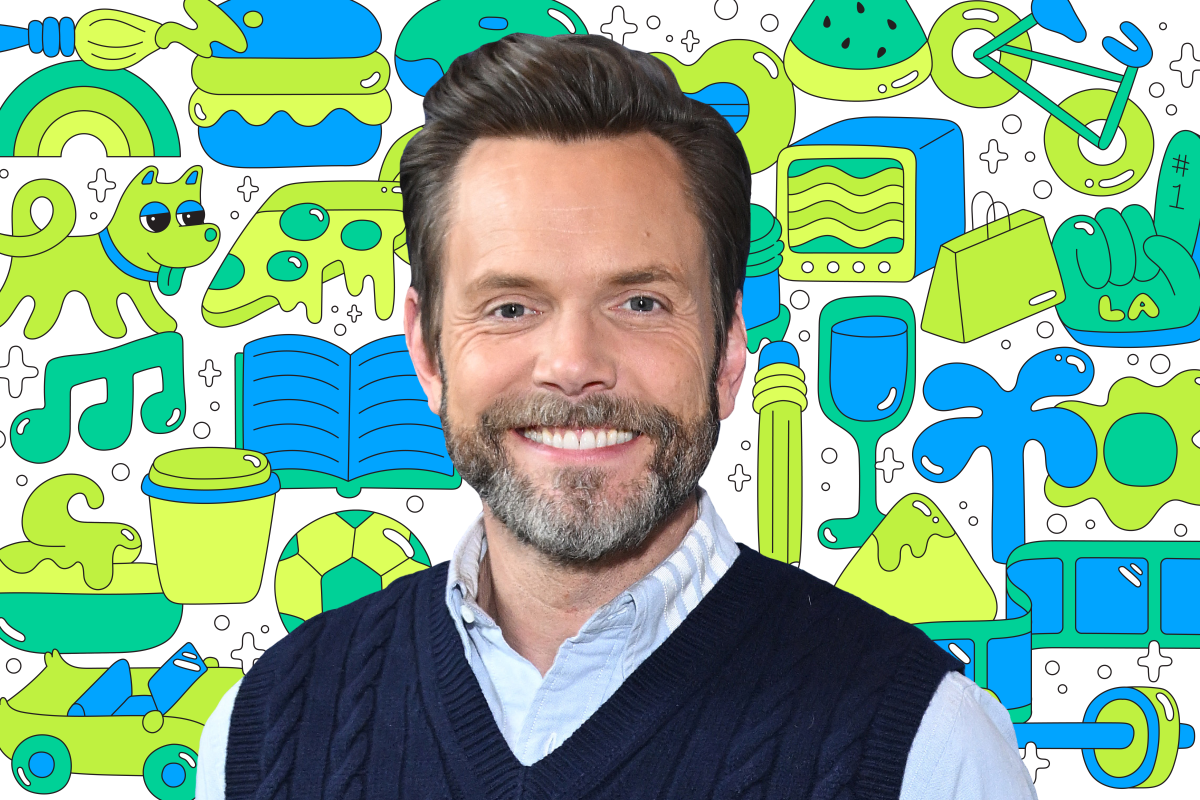 Photo of a actor Joel McHale on a background of colorful illustrations like a book, dog, pizza, TV, shopping bag, and more