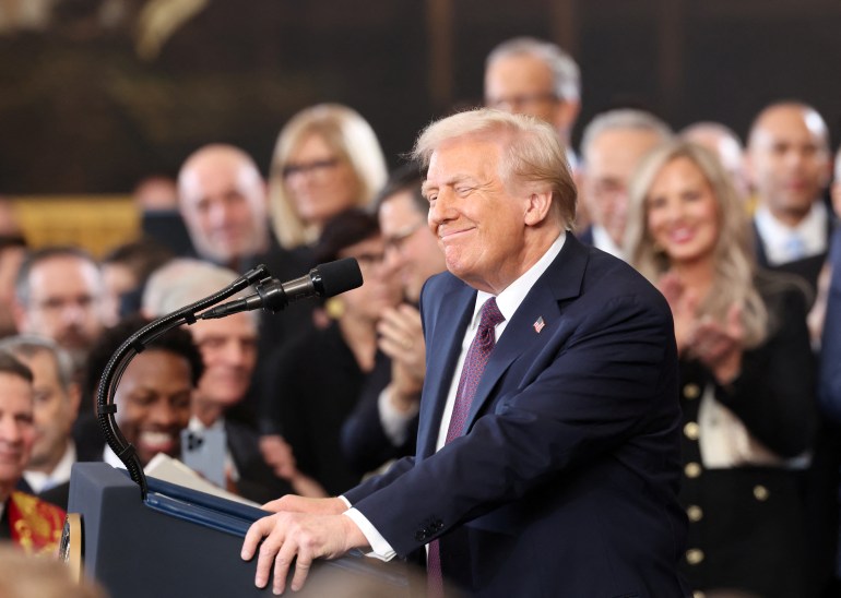 U.S. President Donald Trump reacts after being sworn in on the day of his Presidential Inauguration at the Rotunda of the U.S. Capitol in Washington