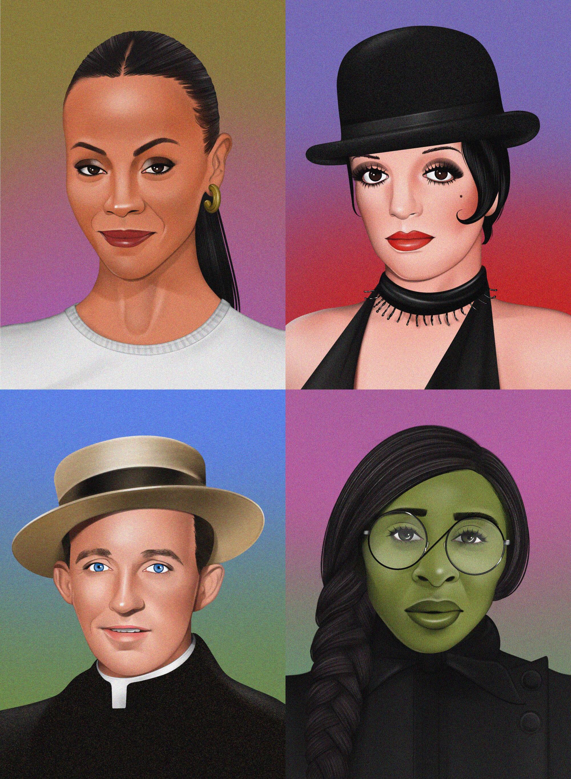 Illustrations of Zoe Saldana, Liza Minelli, Cynthia Erivo, Bing Crosby