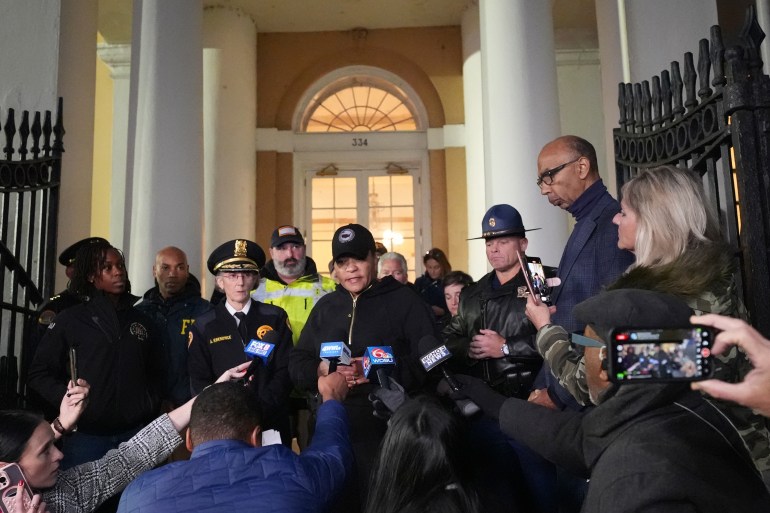 Mayor LaToya Cantrell gives a press conference in New Orleans.