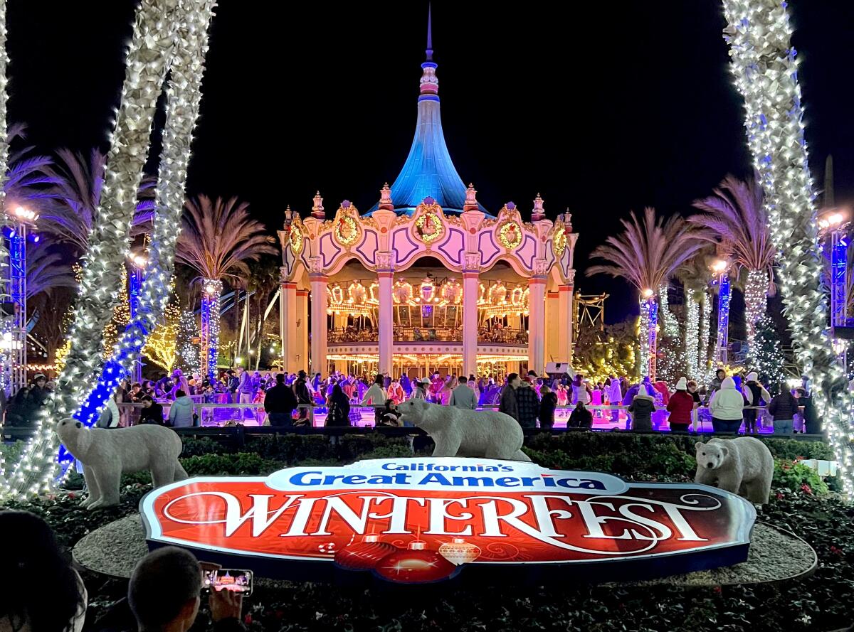 A photo of the carousel and ice skating rink near Great America's entrance gates.