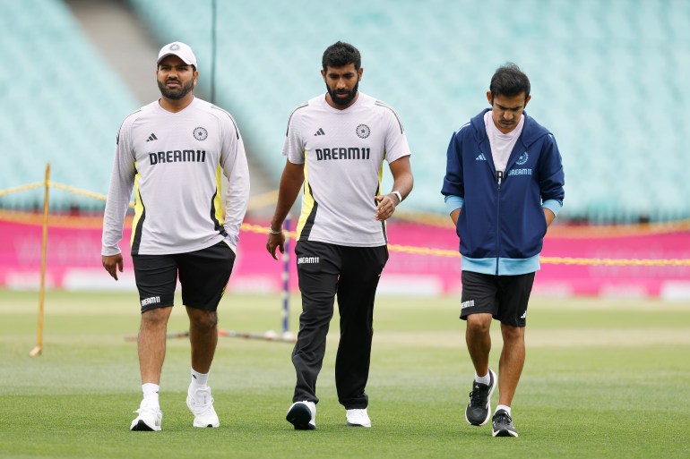 SYDNEY, AUSTRALIA - JANUARY 02: Jasprit Bumrah, India Coach Gautam Gambhir and Rohit Sharma of India inspect the pitch during an India nets session at Sydney Cricket Ground on January 02, 2025 in Sydney, Australia. (Photo by Darrian Traynor/Getty Images)