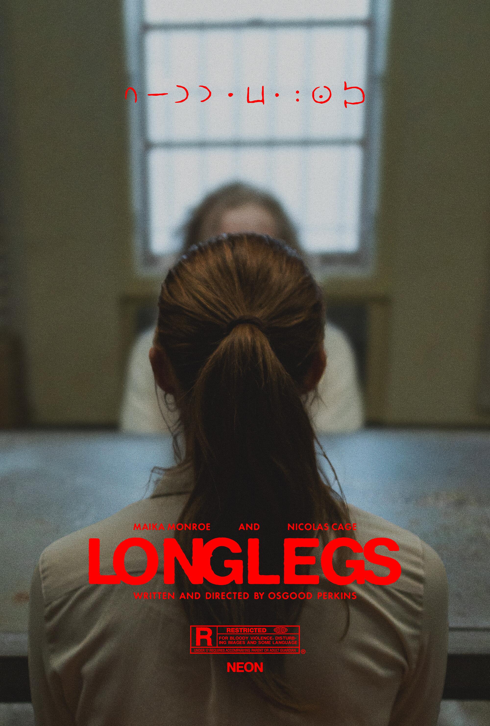 A movie poster for "Longlegs" depicting the back of a woman's head obscuring the face of a man sitting across from her