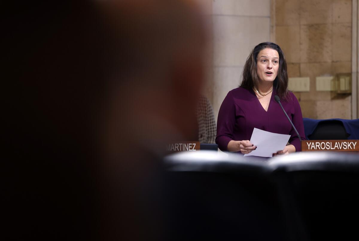 L.A. City Councilmember Katy Yaroslavsky speaks into a microphone.