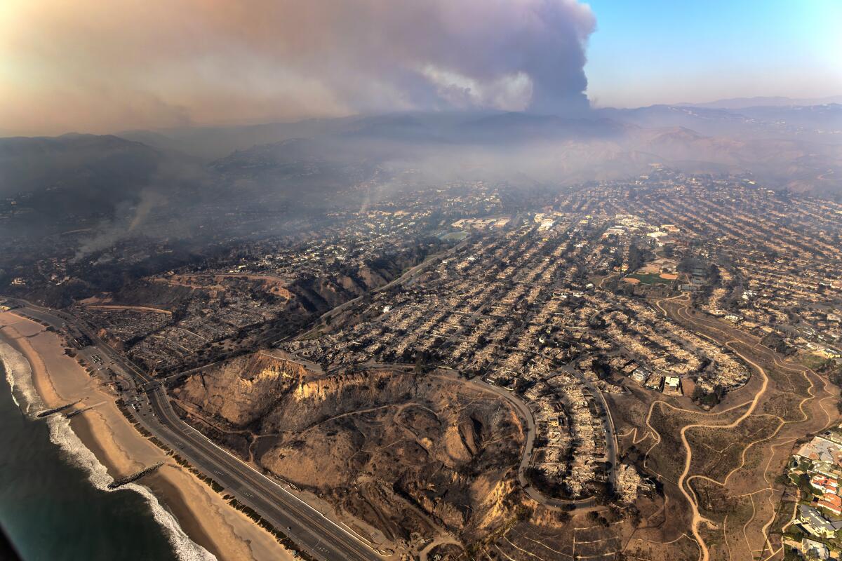 Aerial view of fire destruction along Pacific Coast Highway.  