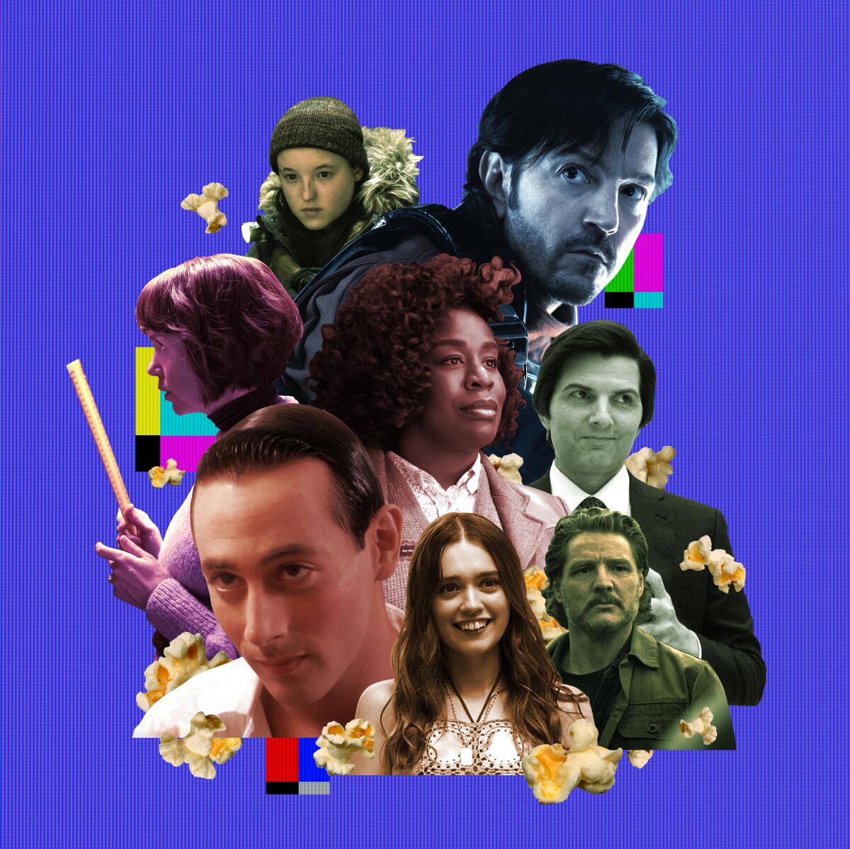 photo collage of tv show stills with popcorn on an LCD background