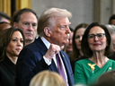 U.S. President Donald Trump pumps his fist before delivering his inaugural address after being sworn in as the the 47th president of the United States in the Rotunda of the U.S. Capitol on Jan. 20, 2025 in Washington, DC.