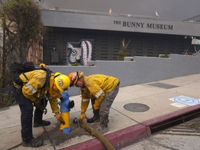 Firefighters work a hydrant in front of the burning Bunny Museum, Wednesday, Jan. 8, 2025, in the Altadena section of Pasadena, Calif.