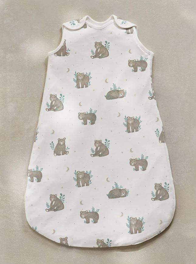 Baby sleeping bag with brown bear illustration.