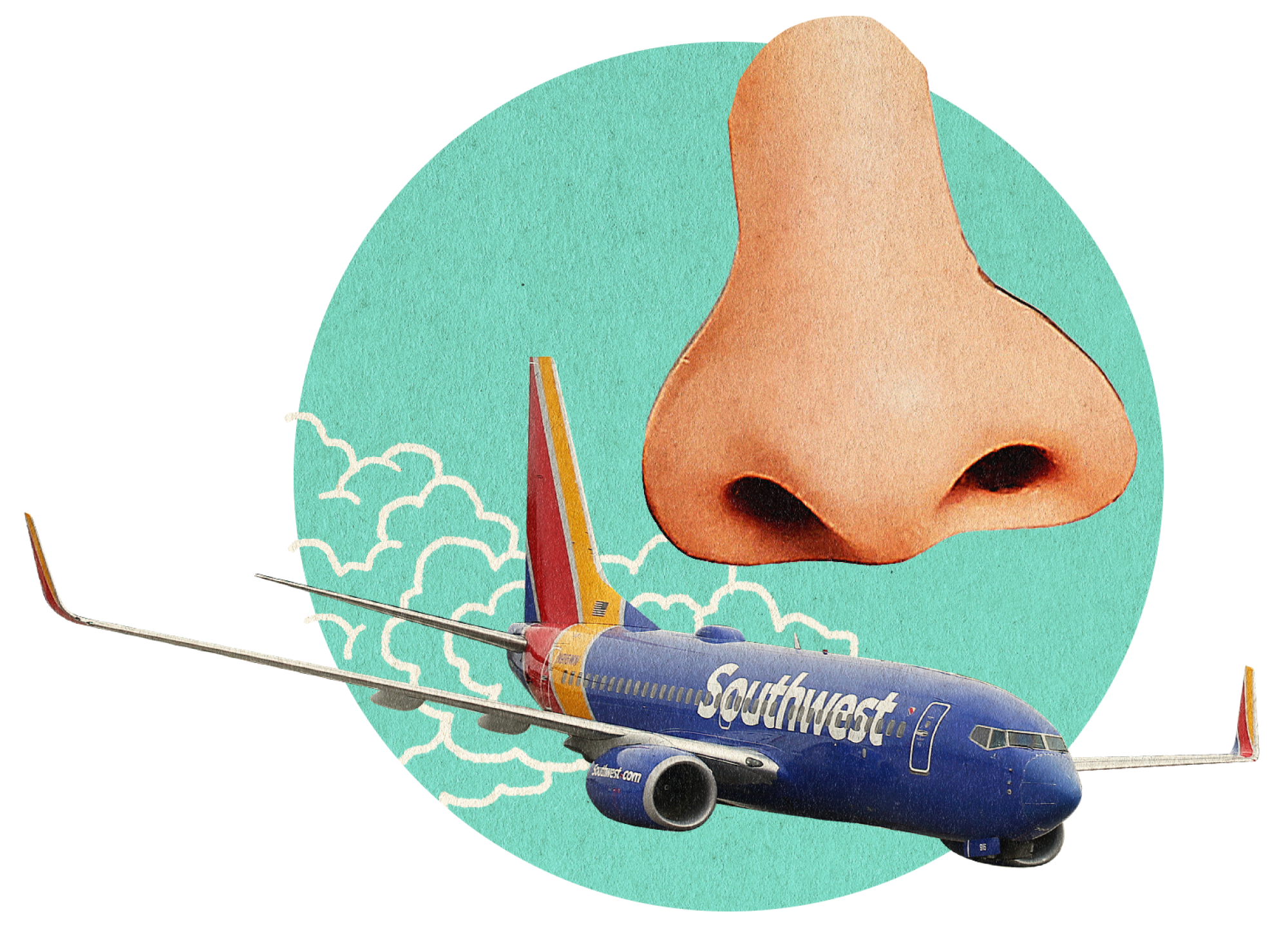 photo collage illustration of a nose and a commercial airplane with exhaust on a green circle