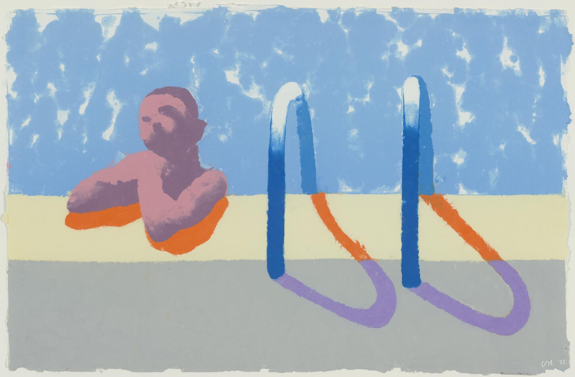 David Hockney’s painting features a person hanging over the edge of a pool next to the pool's ladder.