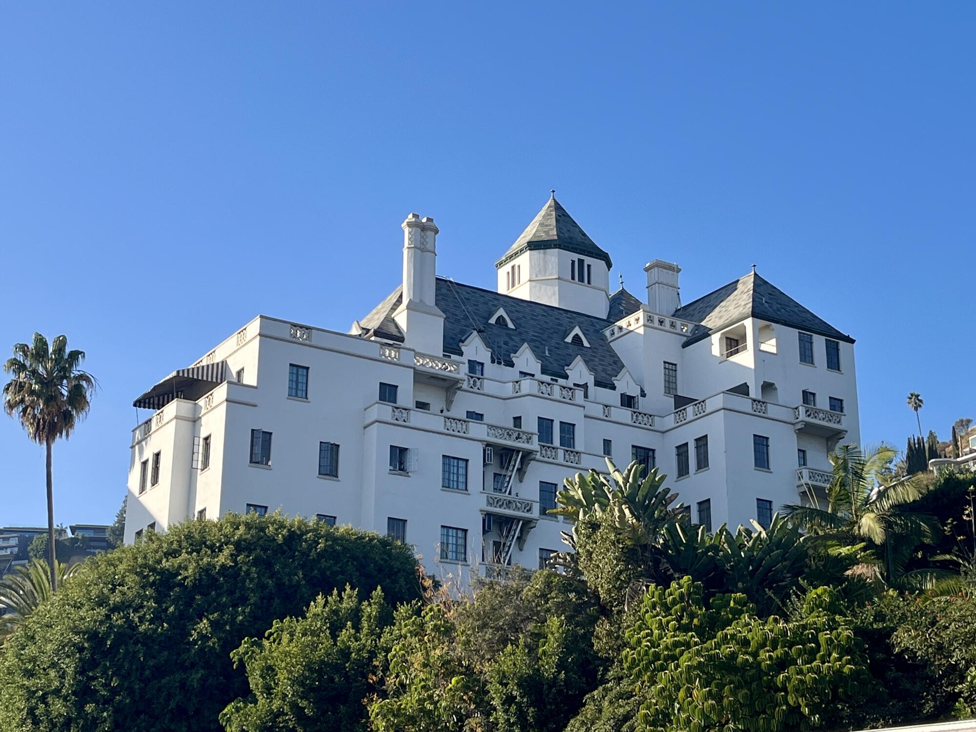 The Chateau Marmont hotel from the intersection of Sunset Boulevard and Marmont Lane.