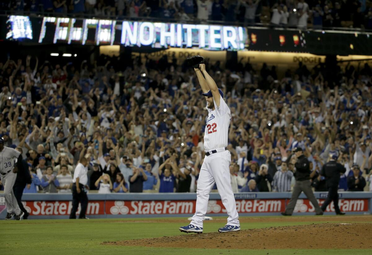 Clayton Kershaw celebrates after throwing a no-hitter against the Colorado Rockies at Dodger Stadium.