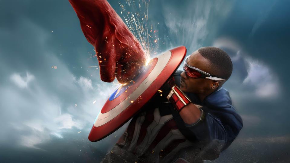 Captain America's shield deflecting a punch.