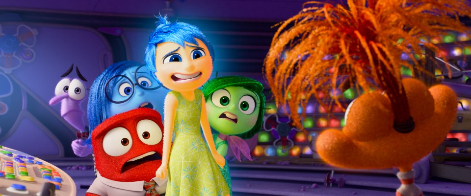 Film still from Inside Out 2 showing Joy, Sadness, Anger, Fear, Disgust, and Anxiety.