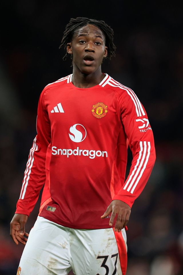 Kobbie Mainoo of Manchester United in a red jersey.