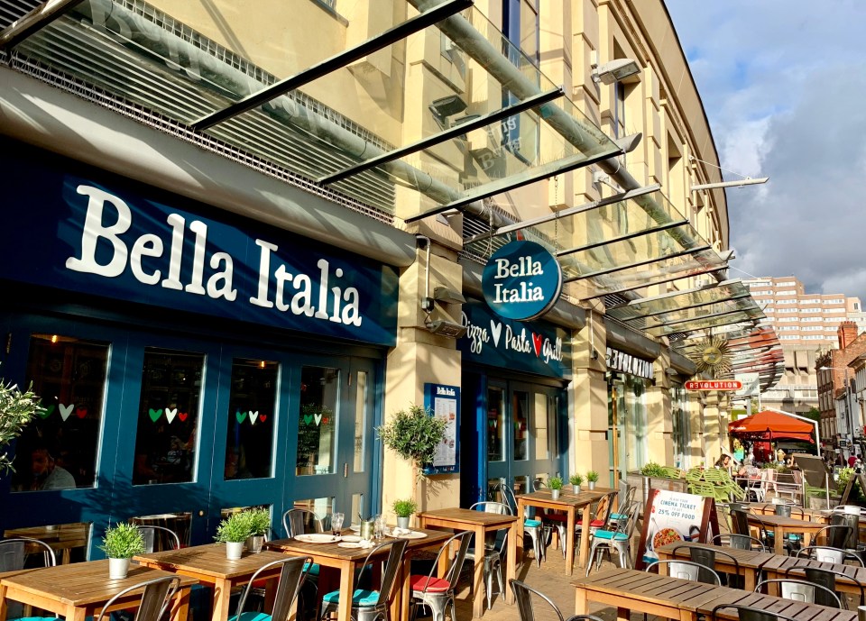 Bella Italia restaurant patio with outdoor seating.