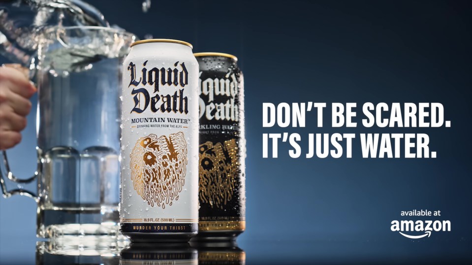 Liquid Death water cans with the tagline "Don't be scared. It's just water."