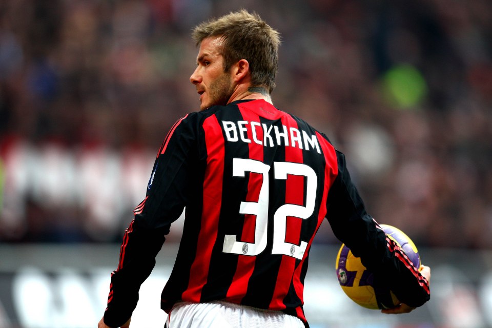 David Beckham, number 32, playing for AC Milan.