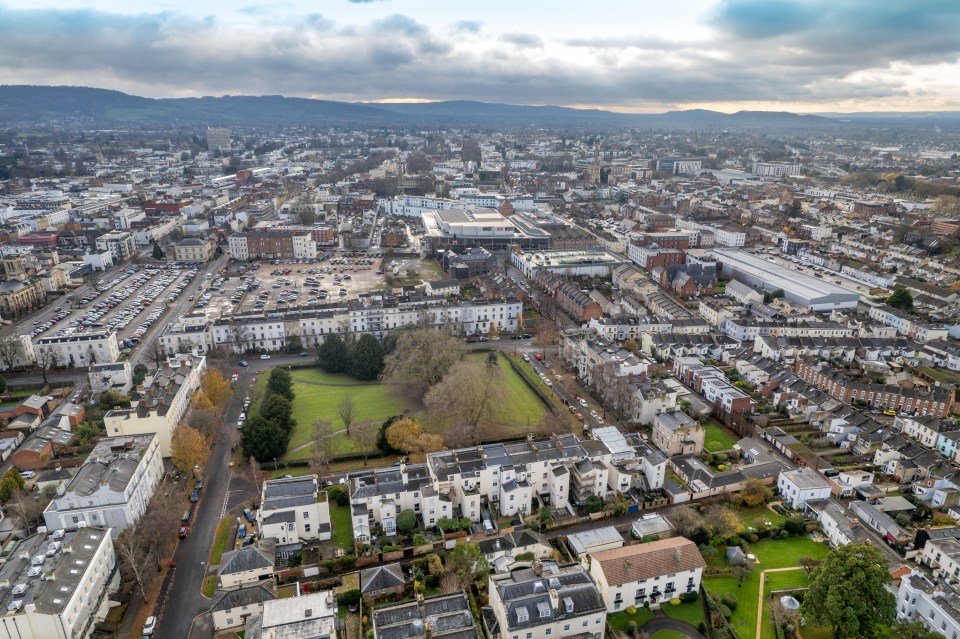 Aerial view of Cheltenham, UK.