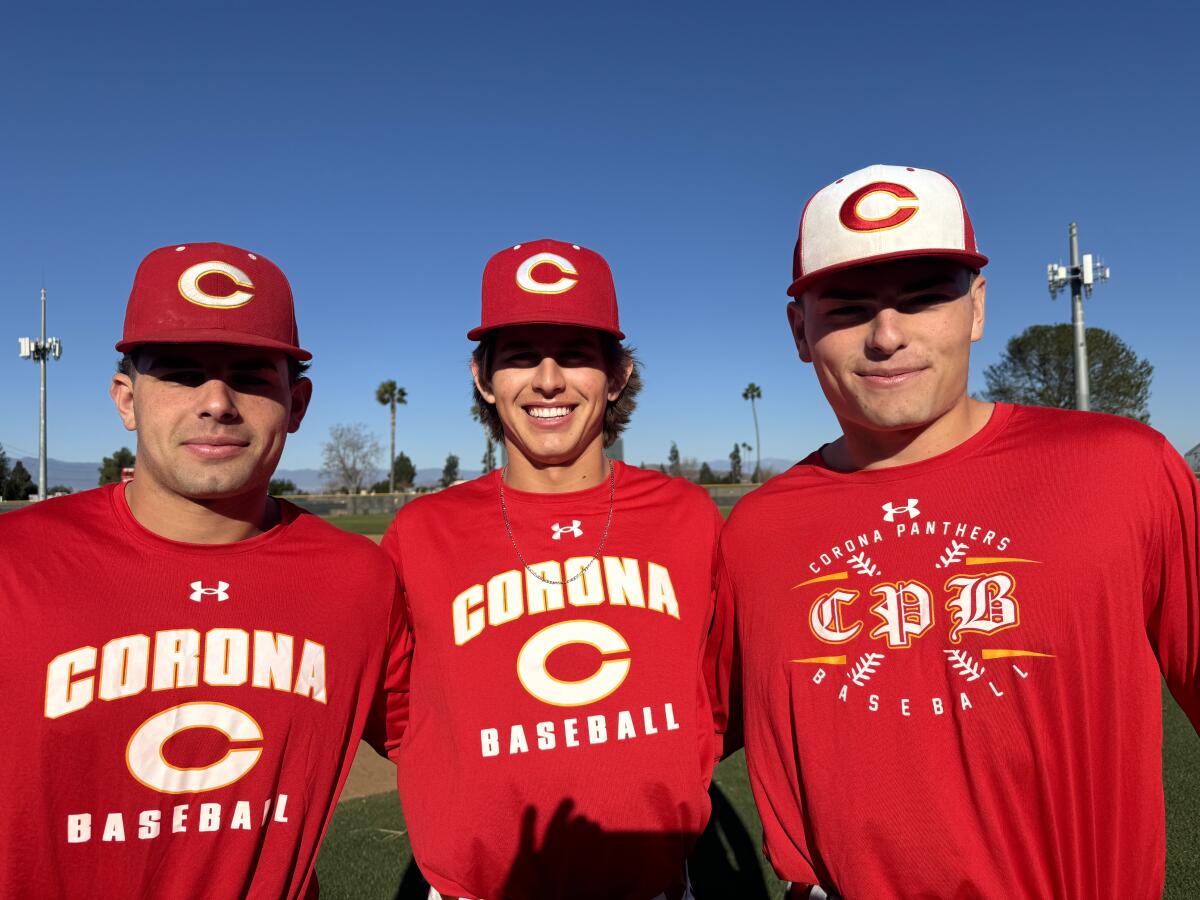 Corona's outstanding infielders: Second baseman Trey Ebel (left), shortstop Billy Carlson, third baseman Brady Ebel.