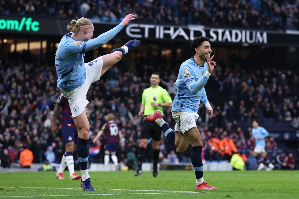 Omar Marmoush of Manchester City celebrating a hat-trick goal.