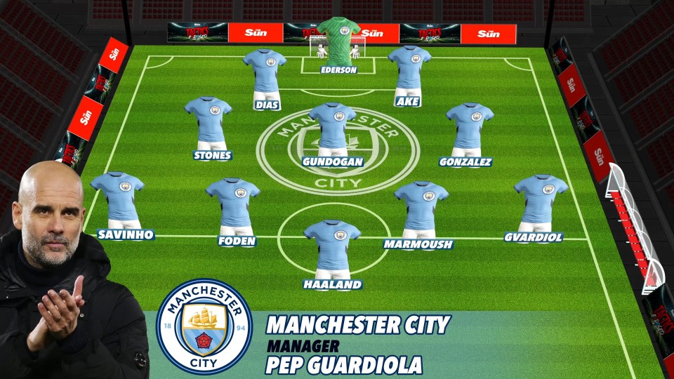 Illustration of Manchester City's starting eleven and manager Pep Guardiola.