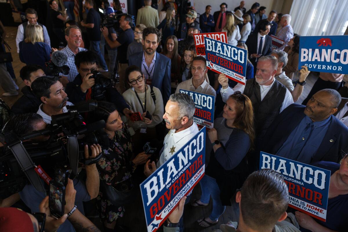 Riverside County Sheriff Chad Bianco speaks with the press after announcing his bid for governor.