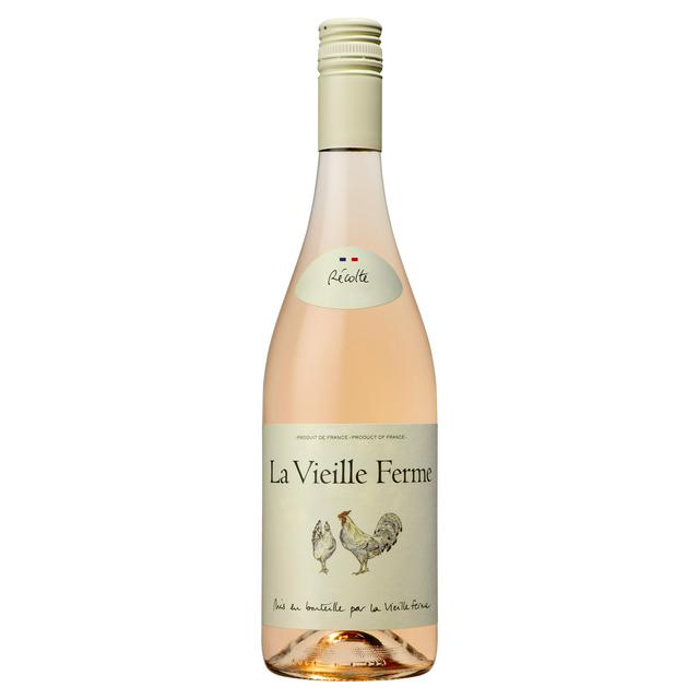 a bottle of la vieille ferme wine with chickens on the label