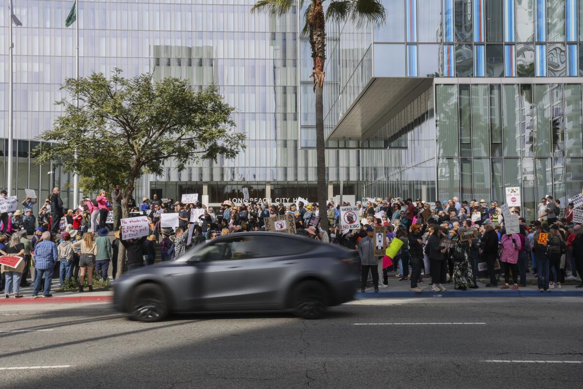 A Tesla drives past protesters gathering in front of City Hall.