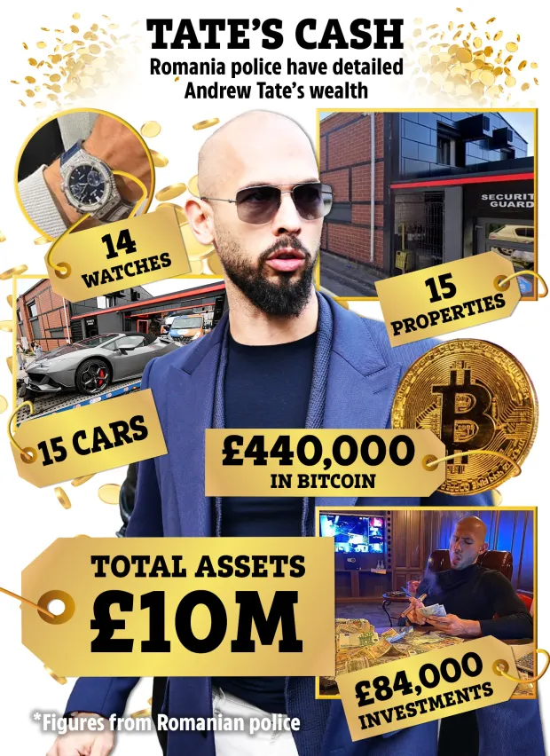 Illustration detailing Andrew Tate's assets, including cars, properties, watches, Bitcoin, and investments, as reported by Romanian police.