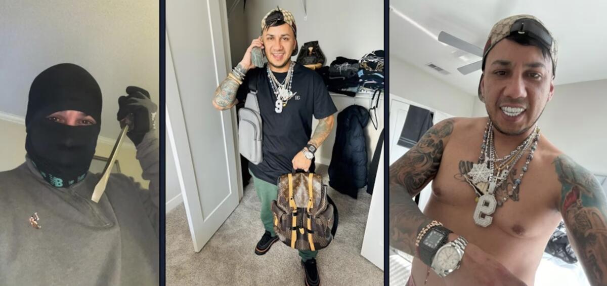 Three Chilean men posing with items they allegedly stole from Bengals quarterback Joe Burrow's home