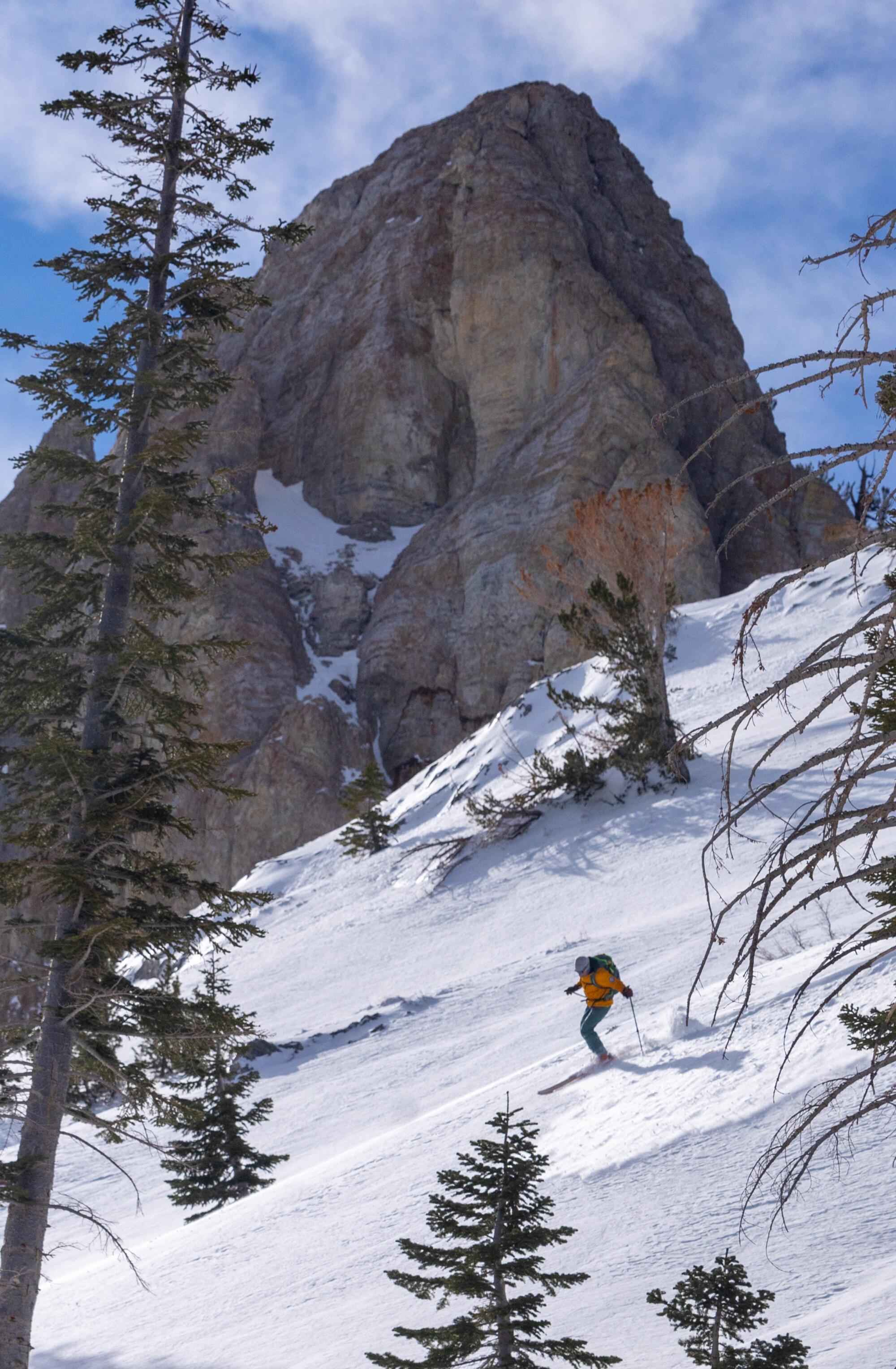 A lone skier glides down a backcountry slope.