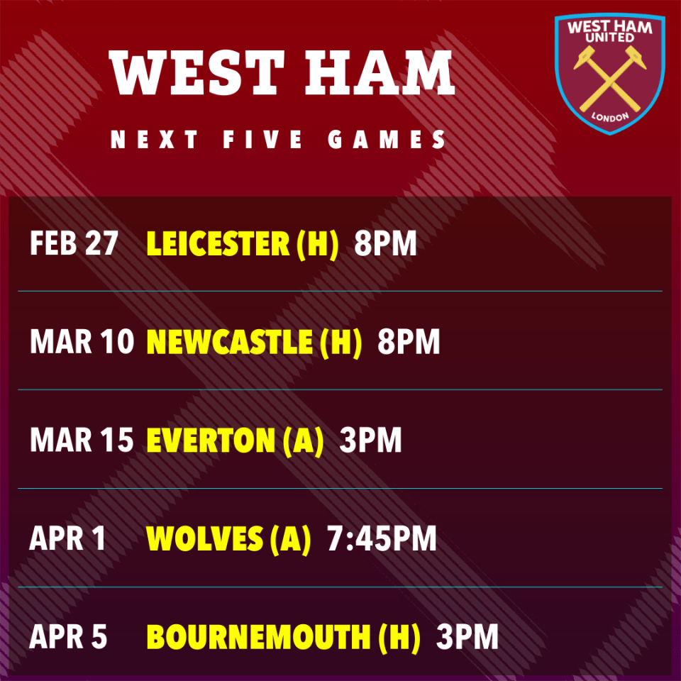 West Ham's next five games schedule.