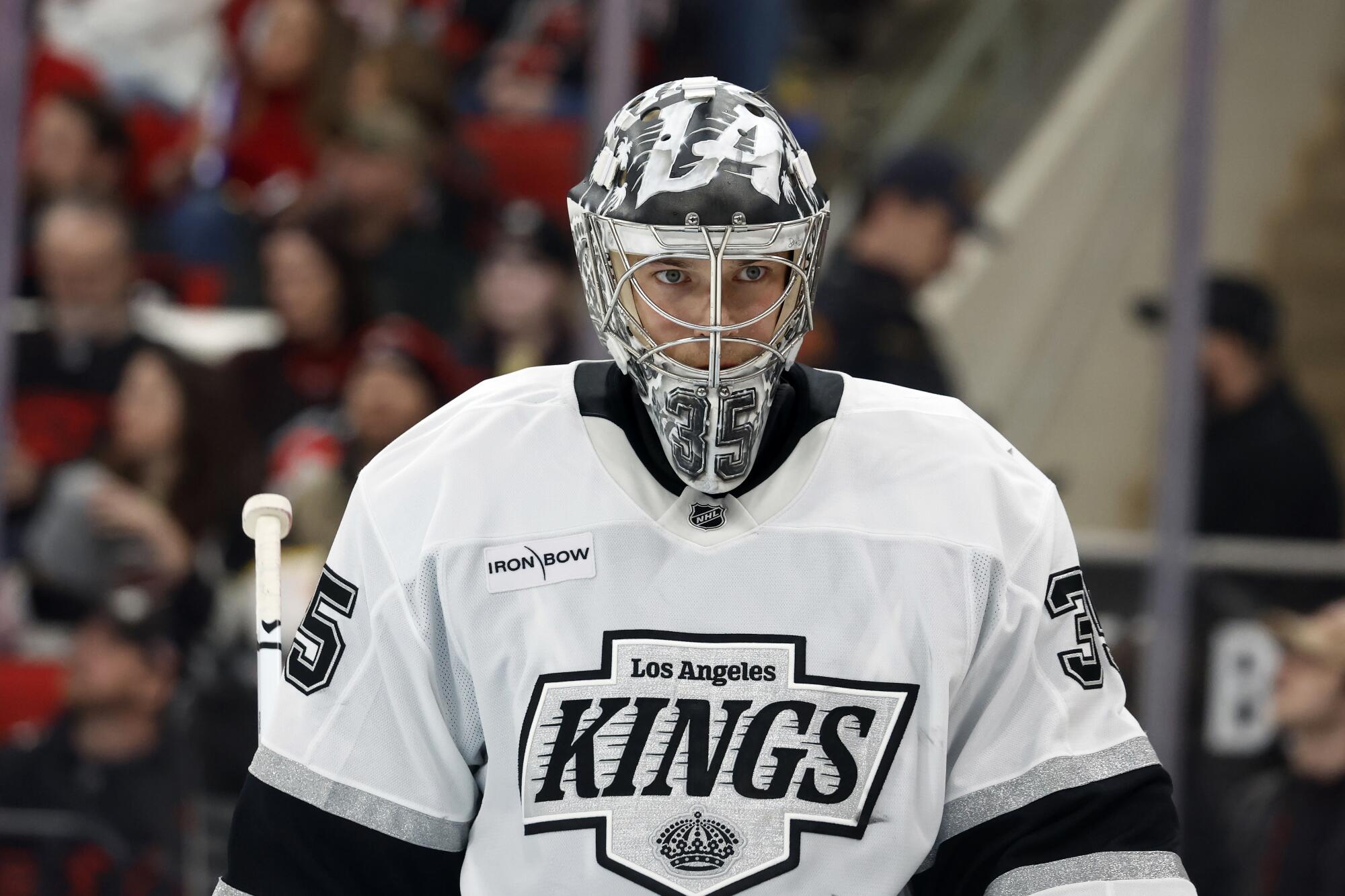 Kings goaltender Darcy Kuemper skates back to the net during a game against the Carolina Hurricanes on Feb. 1.