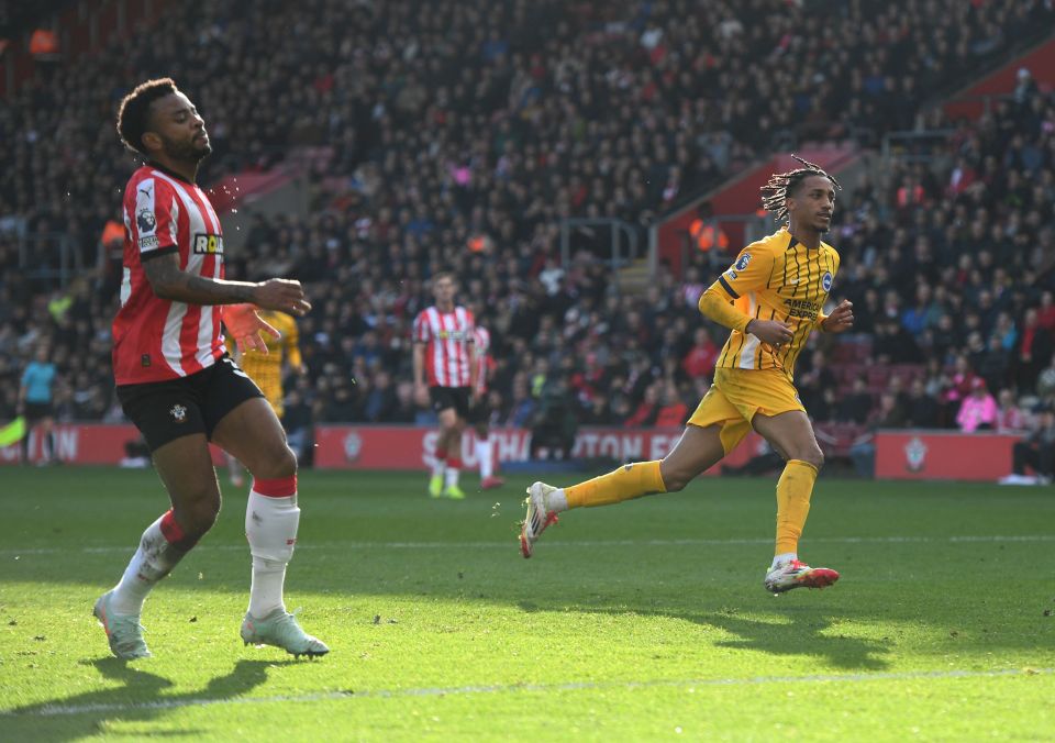 Joao Pedro of Brighton celebrating a goal.