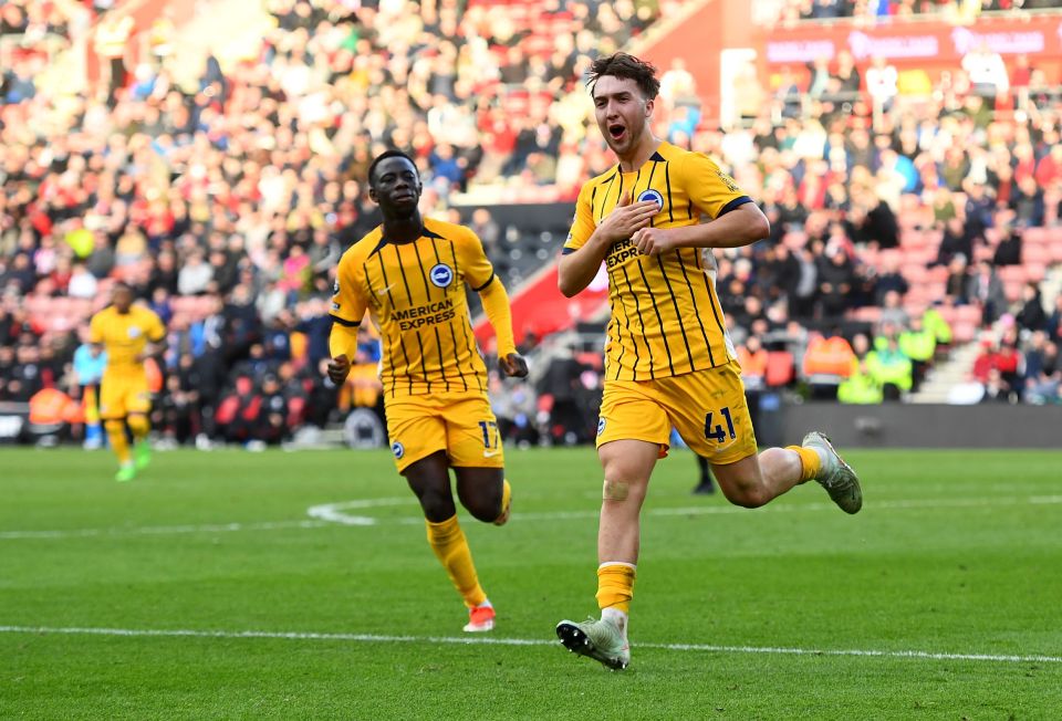 Jack Hinshelwood of Brighton & Hove Albion celebrates scoring a goal.