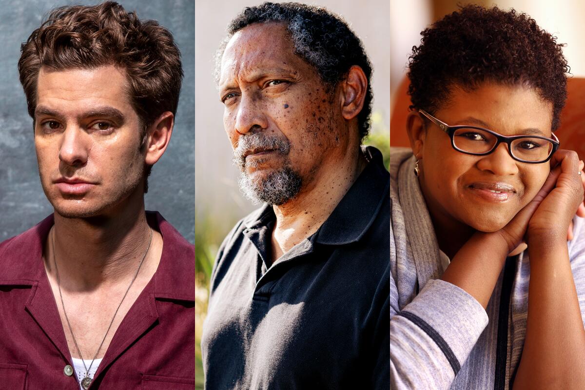 Three portraits of Andrew Garfield, Percival Everett and Attica Locke