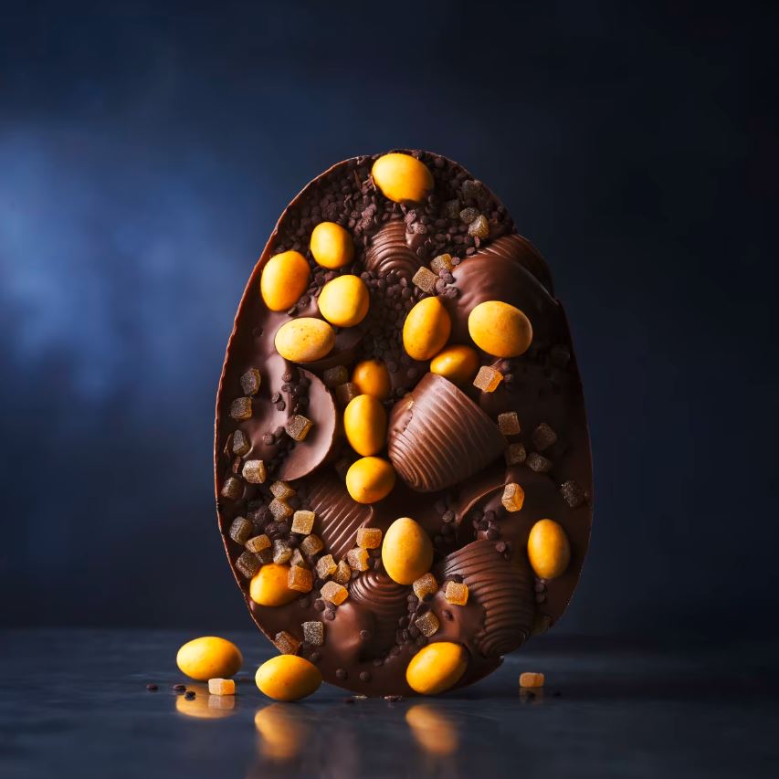 Chocolate Easter egg with orange candies and chocolate pieces.