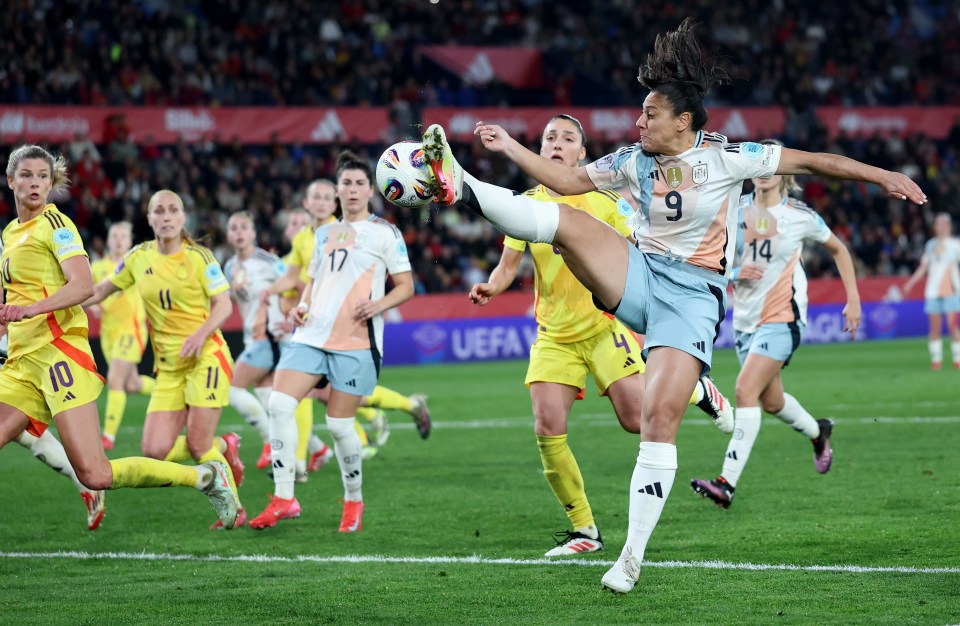 Cristina Martín-Prieto of Spain kicking a soccer ball during a match.