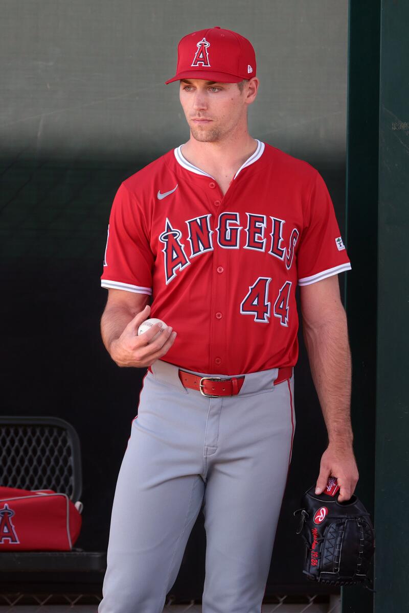 Tempe, Arizona February 19, 2025-Angels relief pitcher Ben Joyce throws during spring training at Tempe Diablo Stadium in Tempe, Arizona Thursday. (Wally Skalij/Los Angeles Times)