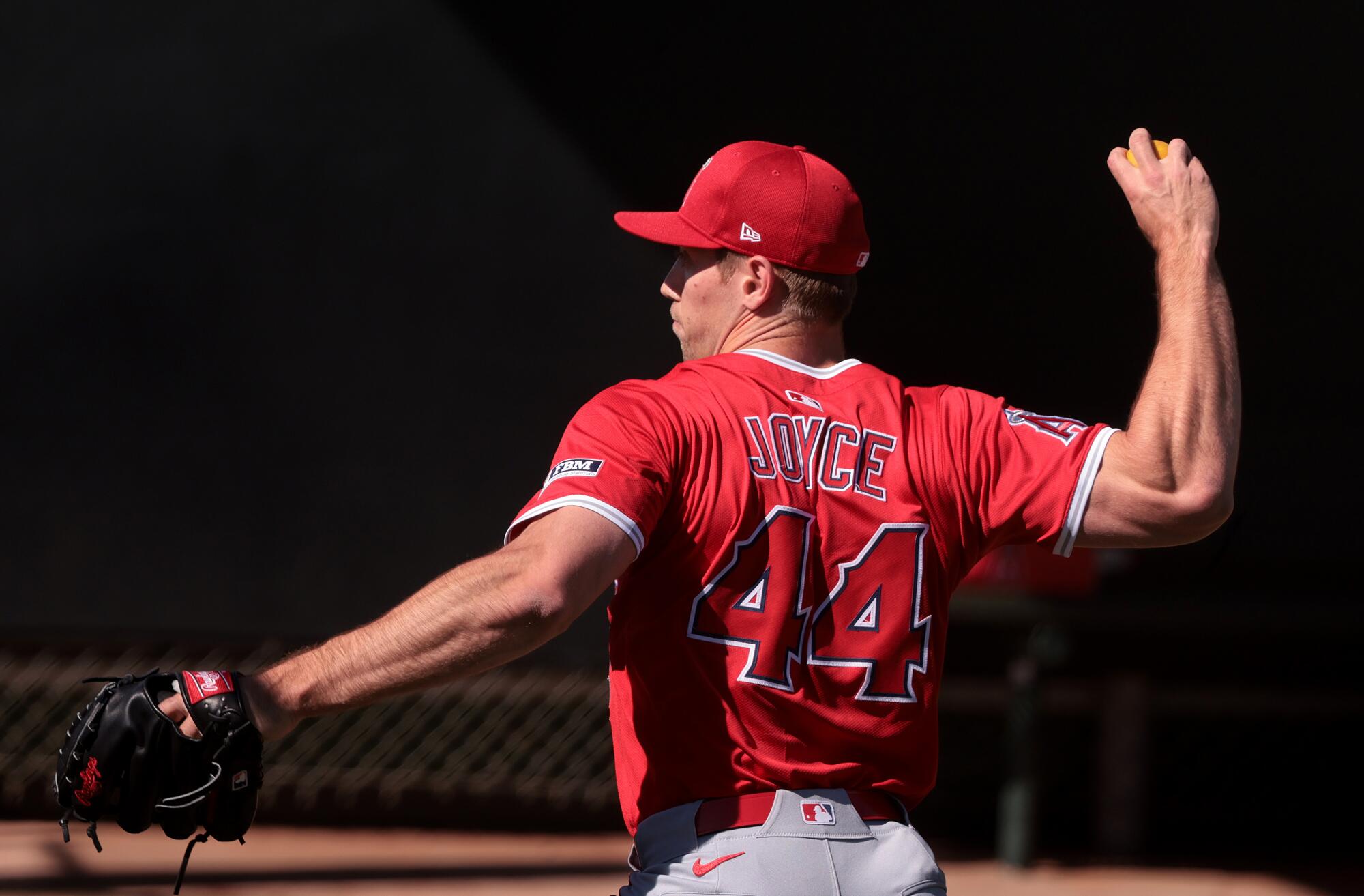 Angels relief pitcher Ben Joyce throws at Tempe Diablo Stadium on Thursday.